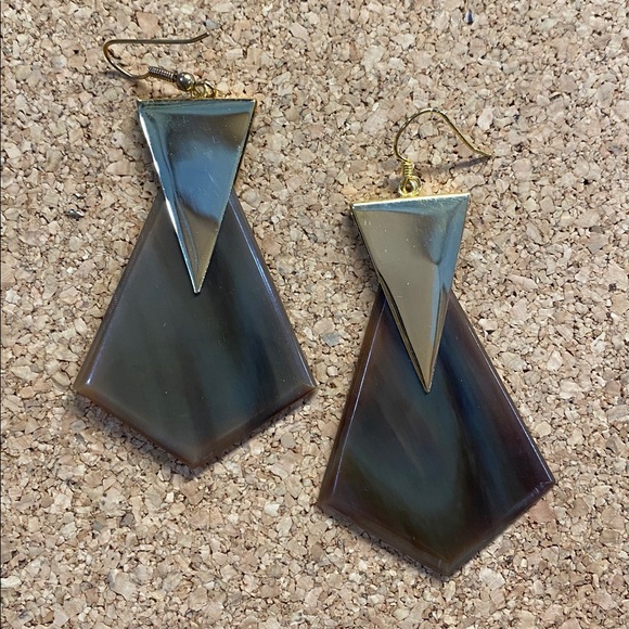 Gold Triangle Top Brown Geometric Drop Earrings - Women Jewelry 3 inch - Picture 2 of 6